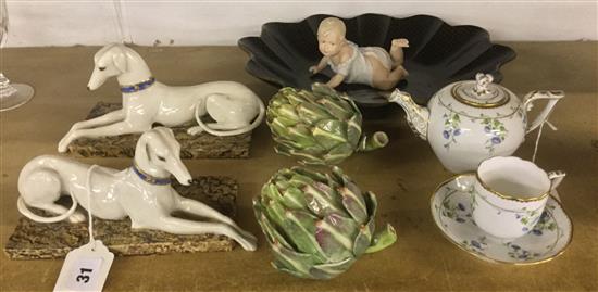 Herend teapot, cup & saucer, pair of ceramic greyhounds & a model of a baby